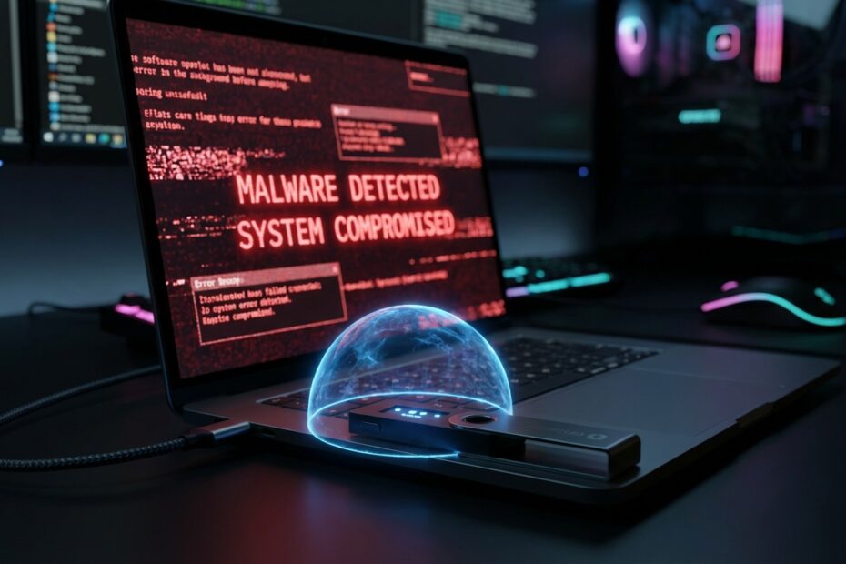 Hardware wallet conectada via USB a um notebook com representação gráfica de vírus na tela