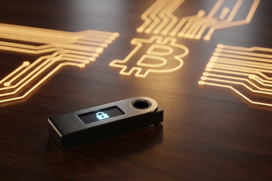 Dispositivo de hardware wallet sobre mesa representando a auto custódia de Bitcoin