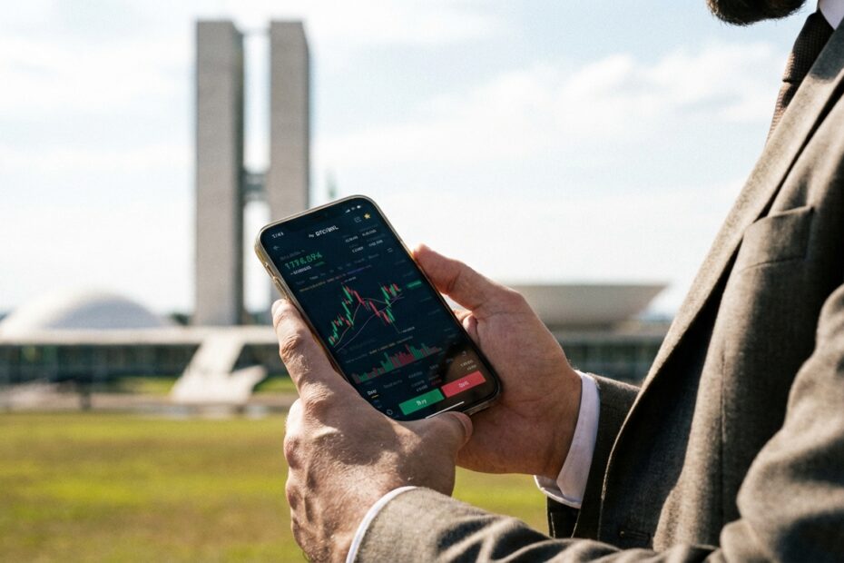 Smartphone exibindo gráfico de criptomoedas com o Congresso Nacional do Brasil desfocado ao fundo