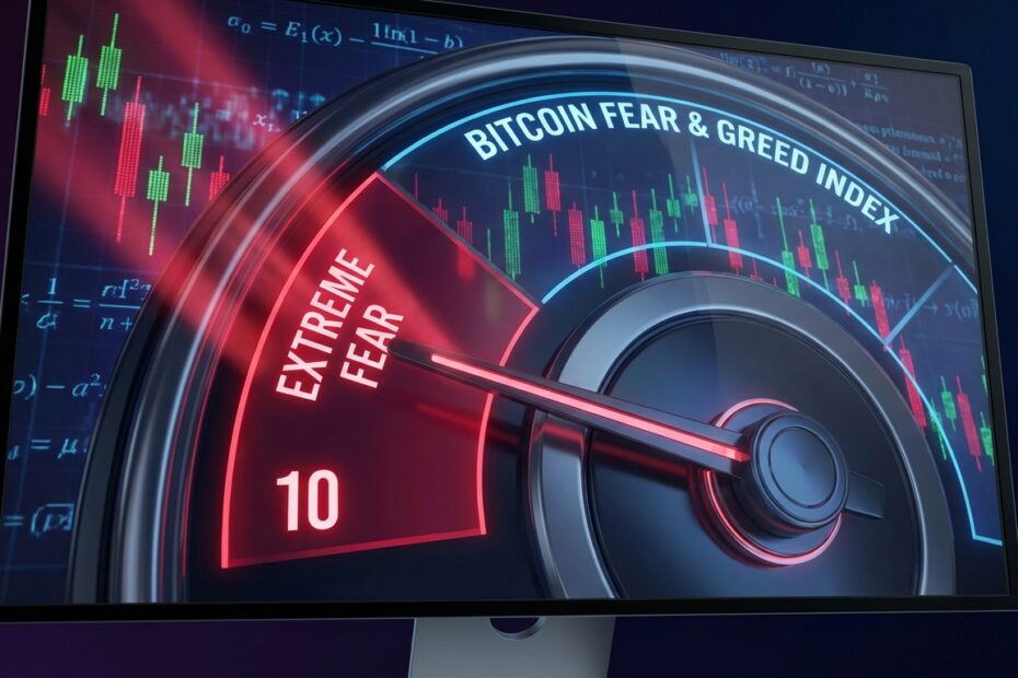 Painel do índice Fear and Greed Bitcoin apontando para medo extremo na zona vermelha