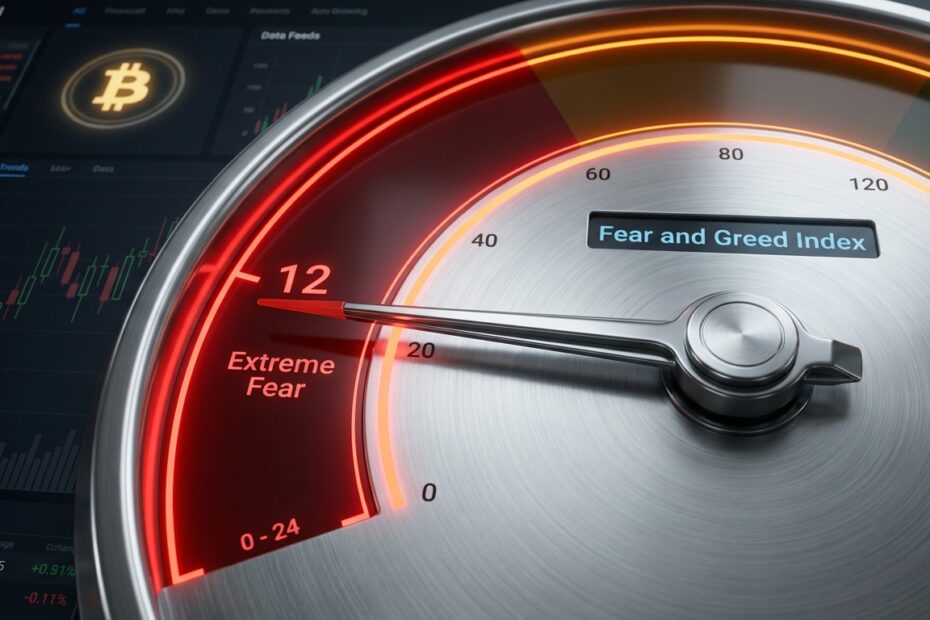 Gráfico de medo e ganância do Bitcoin apontando para a zona vermelha de medo extremo