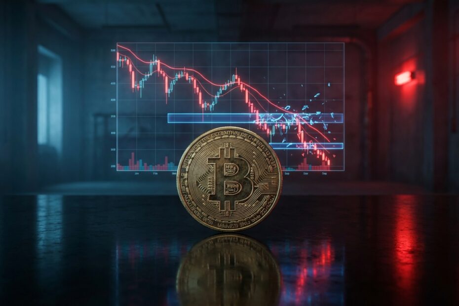 Gráfico de queda do Bitcoin com moeda física e linhas de tendência vermelhas indicando mercado de baixa