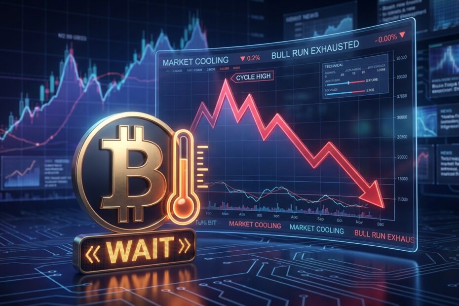 Gráfico financeiro em tons de vermelho indicando a queda do Bitcoin e o fim do ciclo de alta.