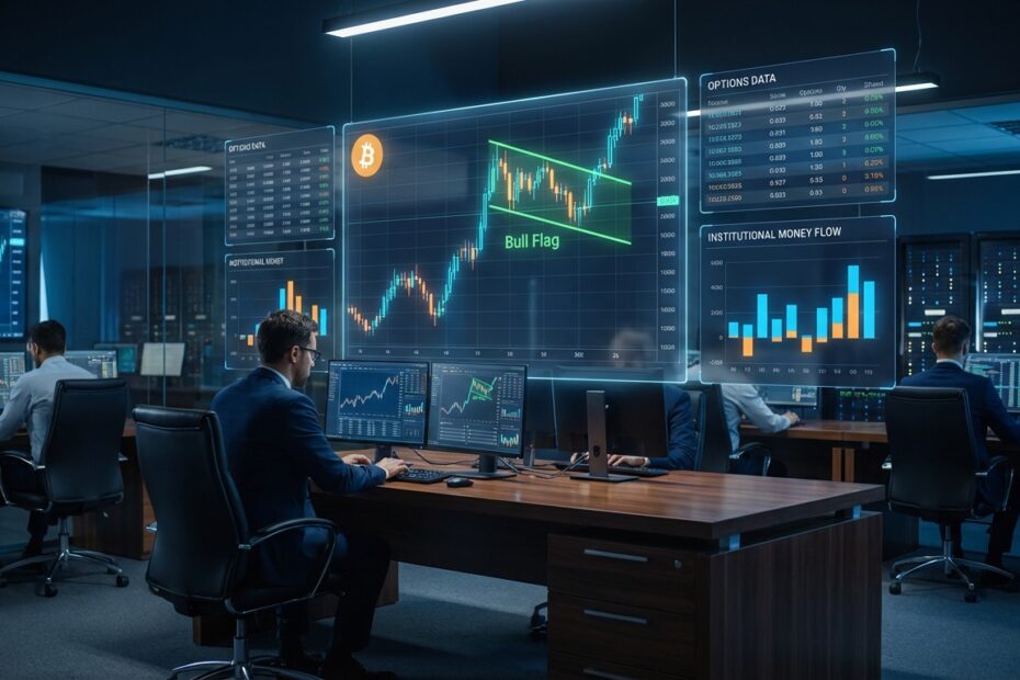 Gráfico de análise técnica do Bitcoin exibindo padrão de bandeira de alta e indicadores financeiros