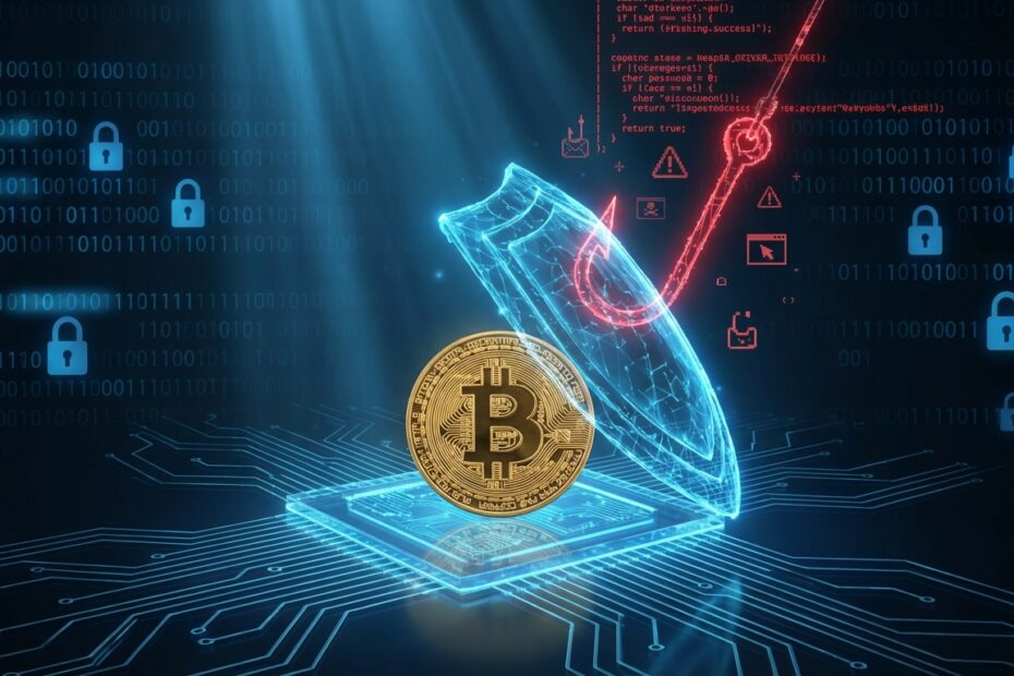 Ilustração de um Bitcoin protegido contra ameaças digitais e golpes de phishing