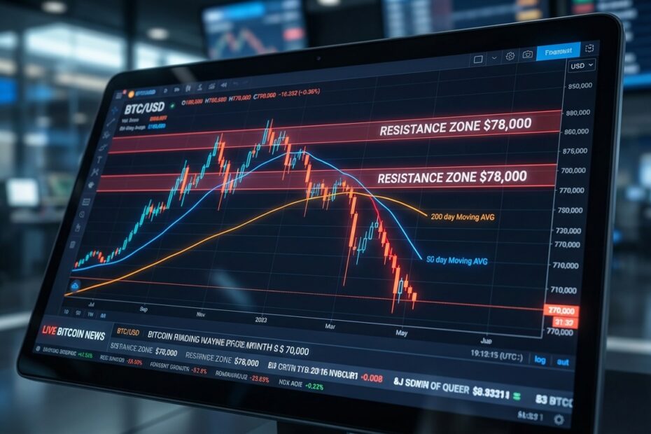 Gráfico de análise técnica do Bitcoin exibindo velas japonesas e médias móveis