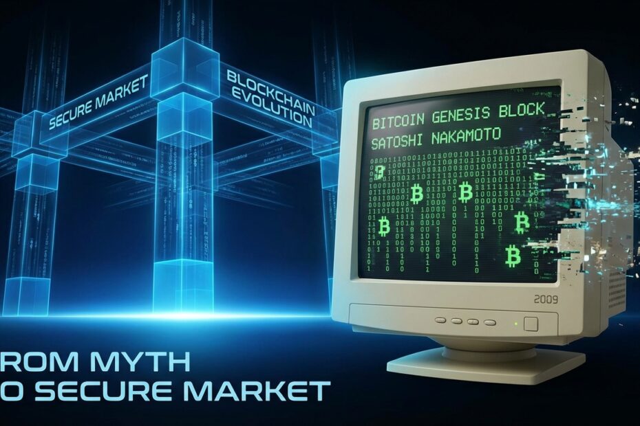 Ilustração de computador antigo com código de mineração de Bitcoin em contraste com rede blockchain moderna