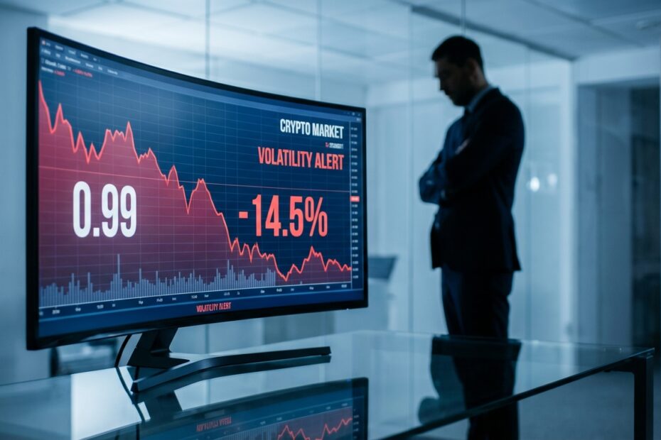 Gráfico digital mostrando queda de criptomoeda em monitor financeiro