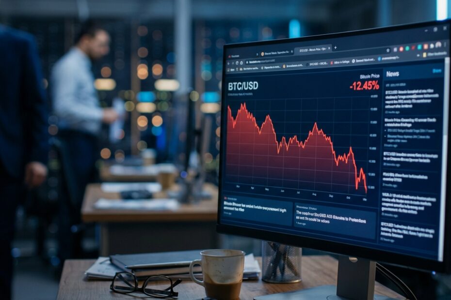 Gráfico de bitcoin em queda na tela de computador em ambiente corporativo financeiro