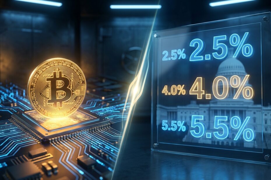 Representação visual do equilíbrio entre o Bitcoin e a taxa de juros do Federal Reserve americano