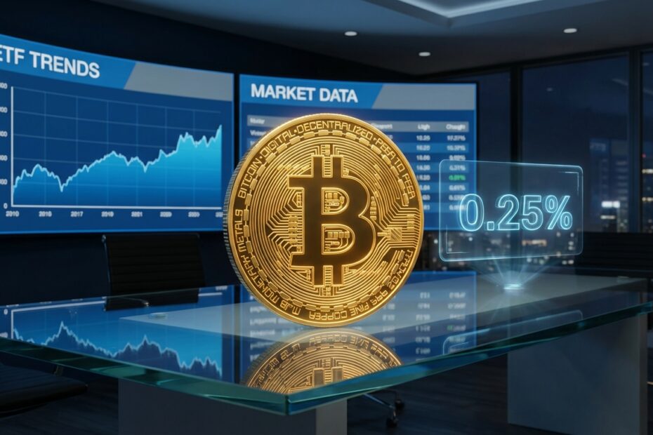 Ilustração 3D de um Bitcoin com gráficos financeiros ao fundo representando as taxas do ETF IBIT