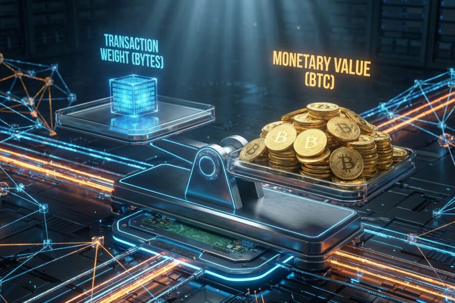 Ilustração 3D comparando o peso de dados em bytes e valor financeiro na rede Bitcoin