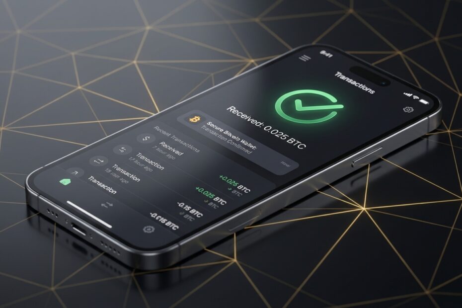 Smartphone mostrando notificação de recebimento de Bitcoin em carteira digital segura