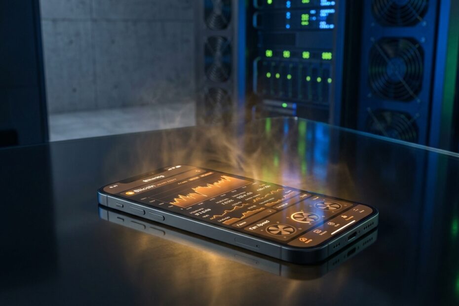 Smartphone sobre mesa exibindo interface de mineração de Bitcoin com efeitos visuais de superaquecimento