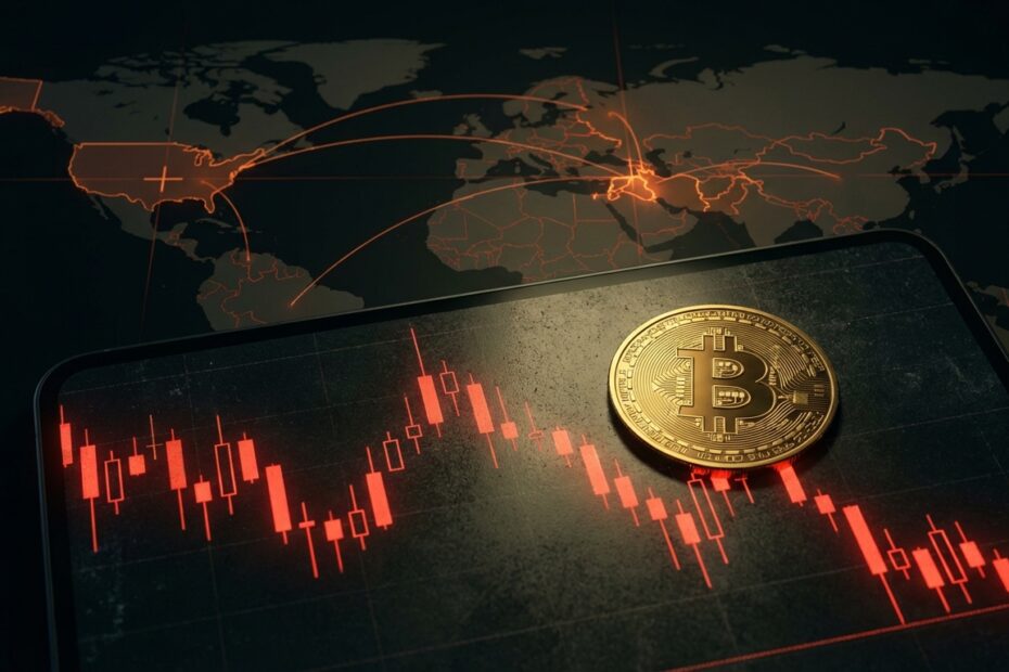Gráfico financeiro em queda com moeda Bitcoin em destaque e mapa global ao fundo indicando tensão geopolítica.