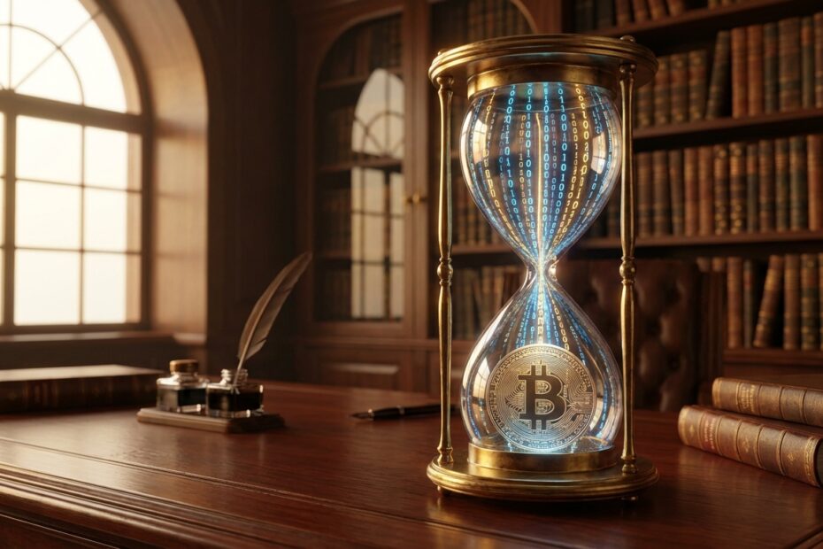 Ampulheta convertendo código digital em uma moeda Bitcoin física sobre uma mesa de escritório clássica