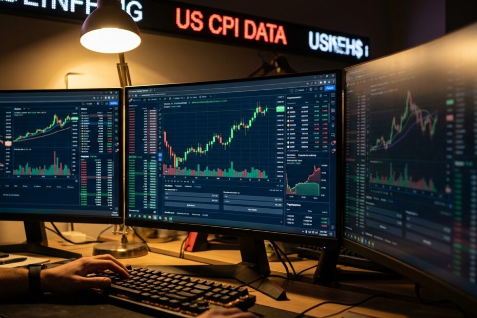 Gráficos de criptomoedas em monitores de trading indicando alta no mercado