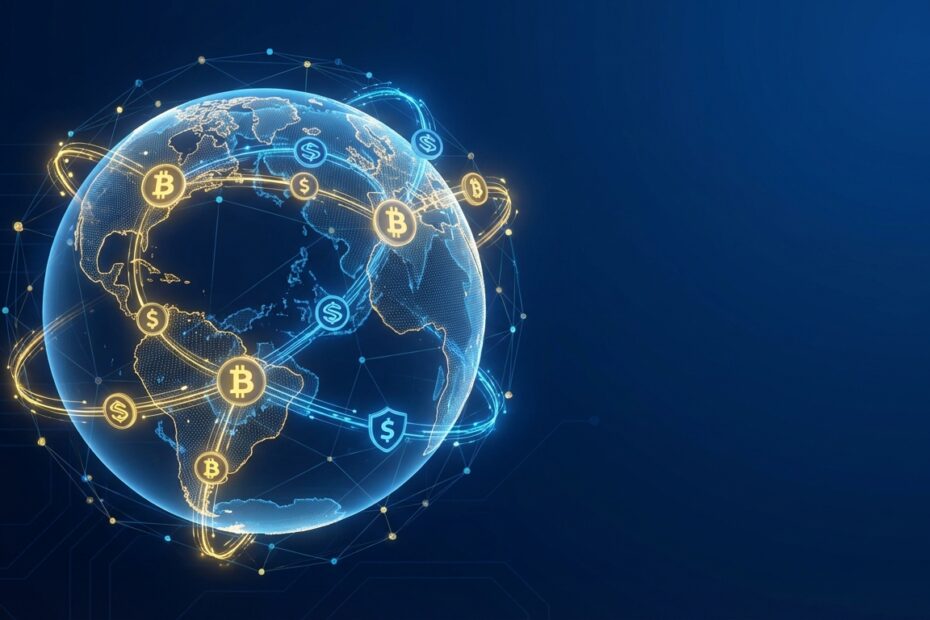 Globo digital com conexões de rede blockchain e símbolos de Bitcoin representando transações internacionais