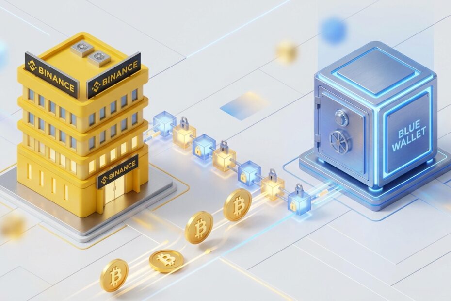 Ilustração 3D mostrando transferência de Bitcoin da Binance para a Blue Wallet via blockchain