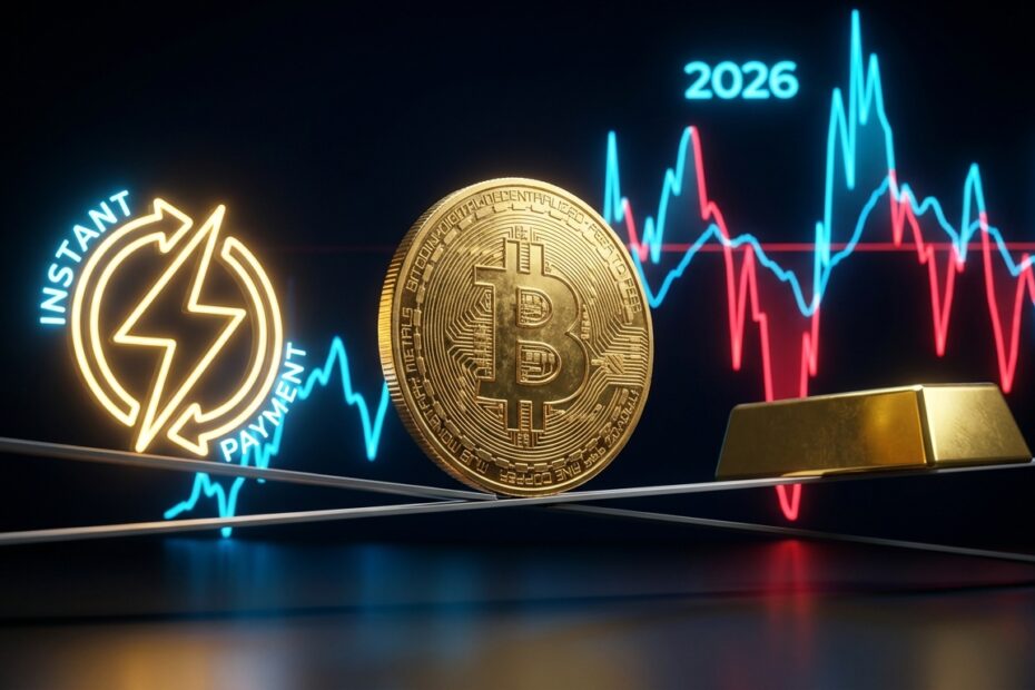 Moeda Bitcoin equilibrada entre símbolo de pagamento e barra de ouro representando sua crise de identidade.