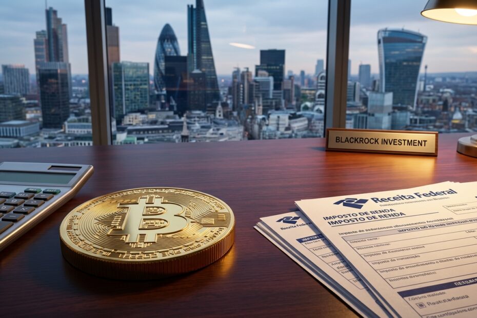 Bitcoin dourado sobre mesa de escritório com calculadora e documentos fiscais, representando a tributação do fundo BlackRock.