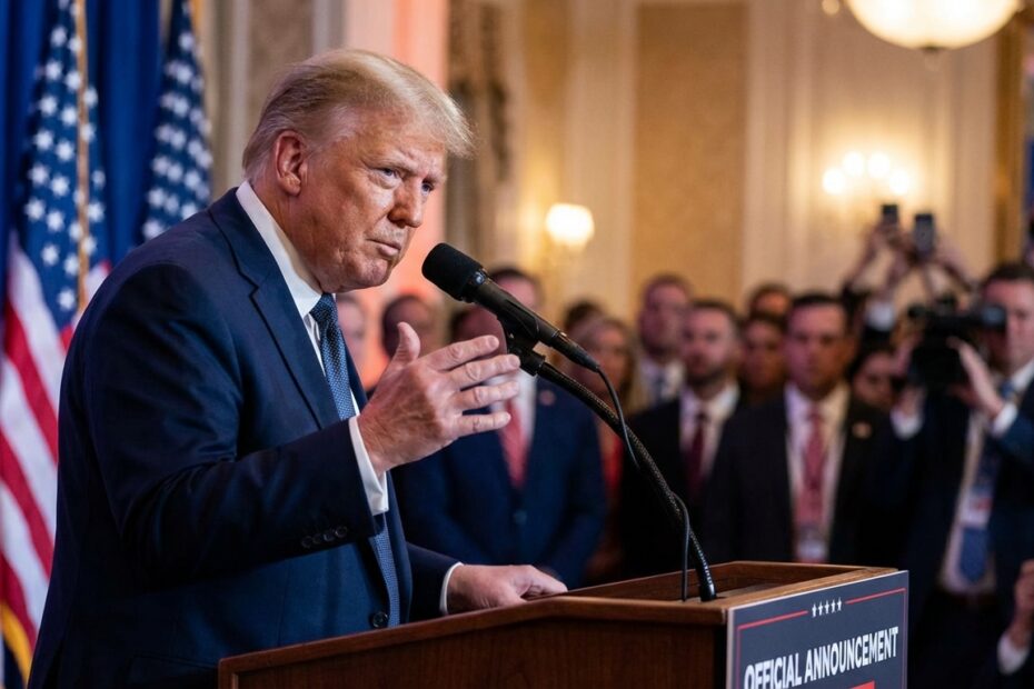 Donald Trump discursa em pódio com bandeiras dos Estados Unidos ao fundo.