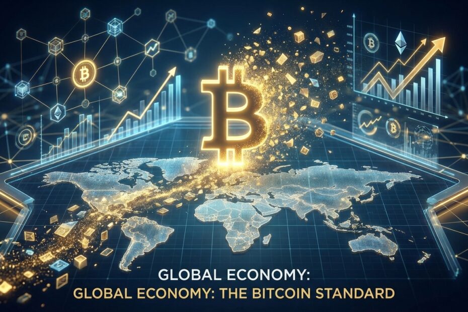 Ilustração futurista de satoshis integrados à economia global digital