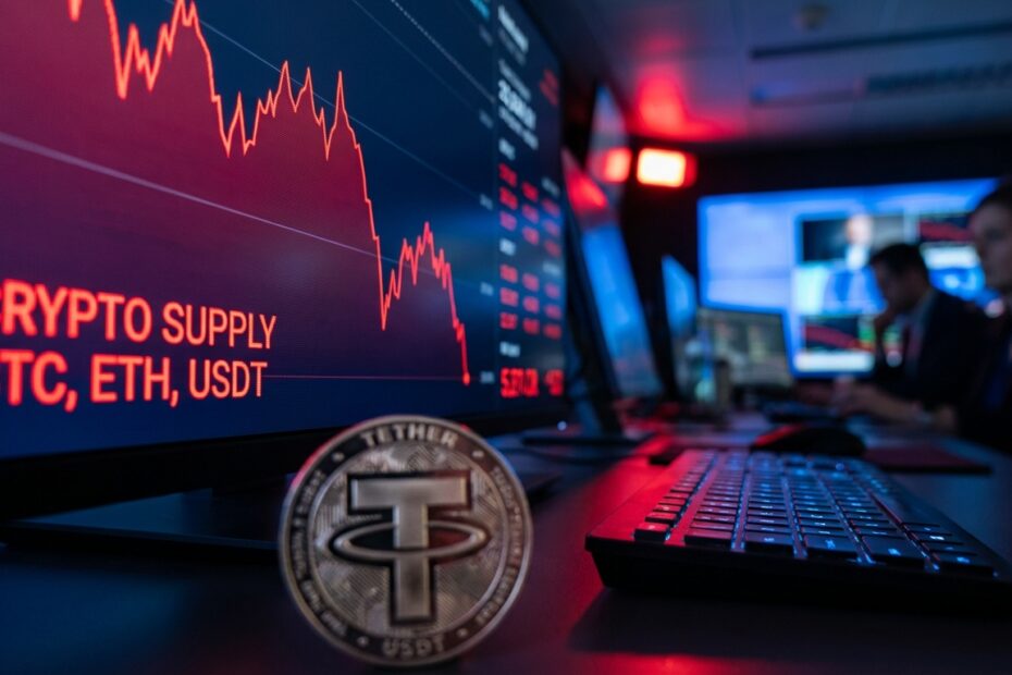 Gráfico financeiro indicando queda na oferta de USDT com moeda física em primeiro plano
