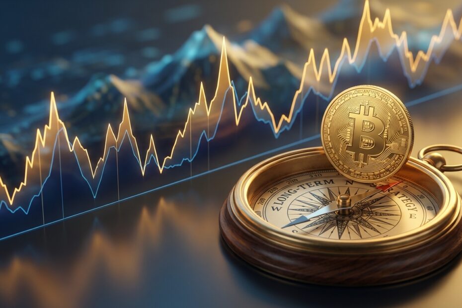 Bússola financeira com moeda Bitcoin sobrepondo gráfico de volatilidade de mercado