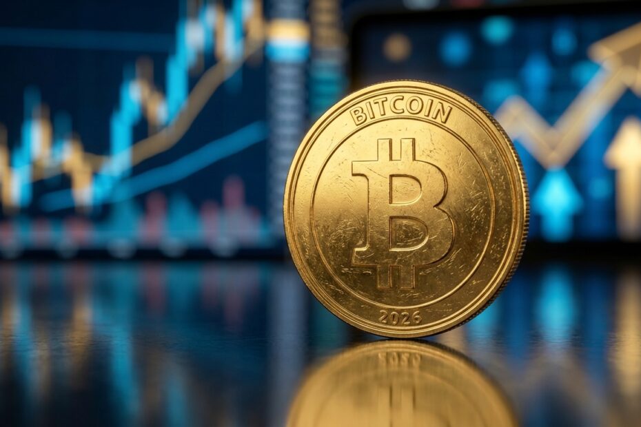 Moeda física do Bitcoin sobre superfície moderna com gráficos de alta ao fundo.