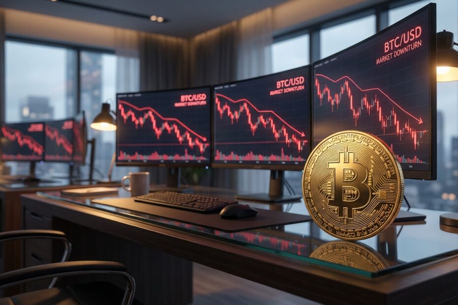 Gráfico de investimento em Bitcoin mostrando tendência de baixa no mercado financeiro