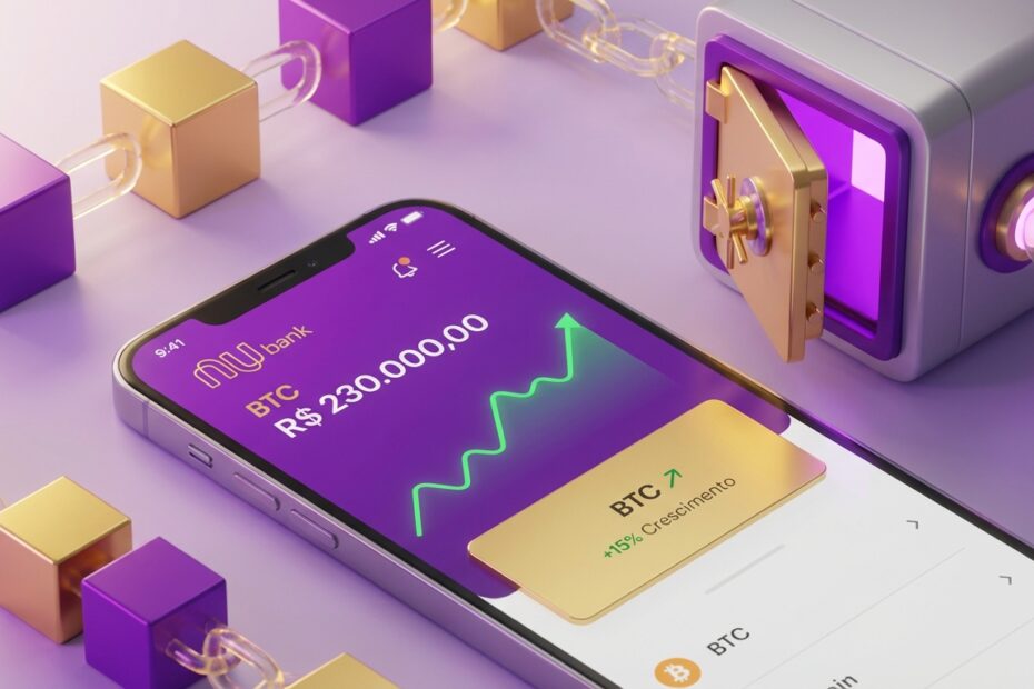 Smartphone exibindo gráfico de Bitcoin no aplicativo Nubank com elementos de segurança digital