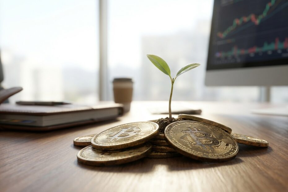 Planta crescendo sobre uma pilha de moedas Bitcoin simbolizando o crescimento de pequenos investimentos ao longo do tempo