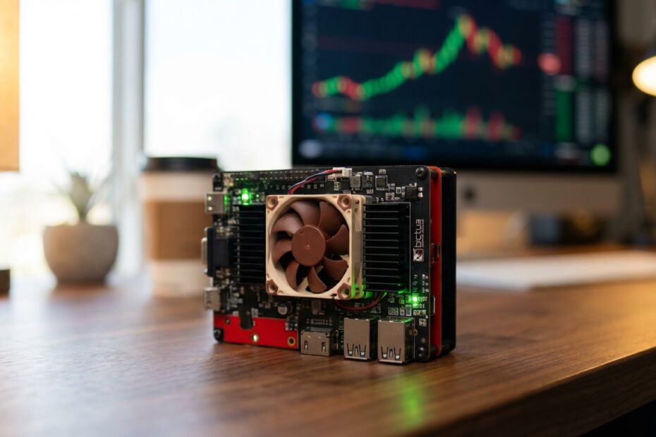 Mini minerador de bitcoin Bitaxe em uma mesa de escritório doméstico