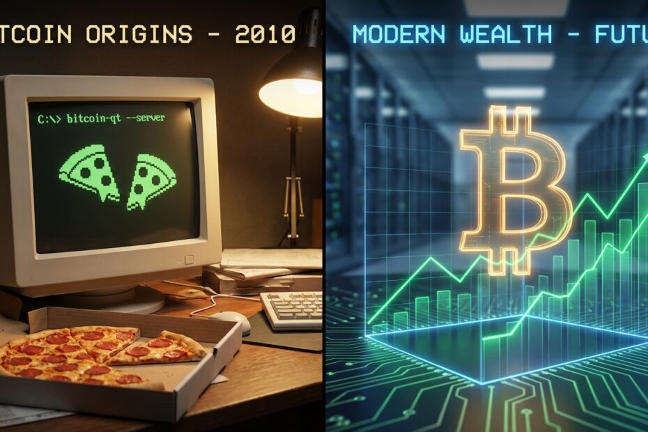Ilustração comparativa do valor do Bitcoin em 2010 com pizzas e sua valorização atual