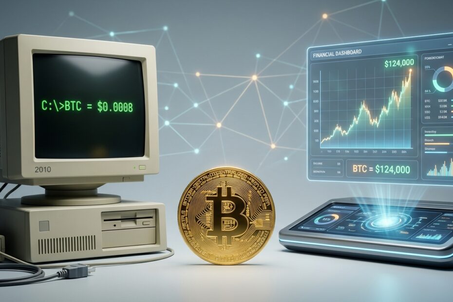 Comparativo visual do valor do Bitcoin em 2010 e sua valorização histórica até os recordes atuais