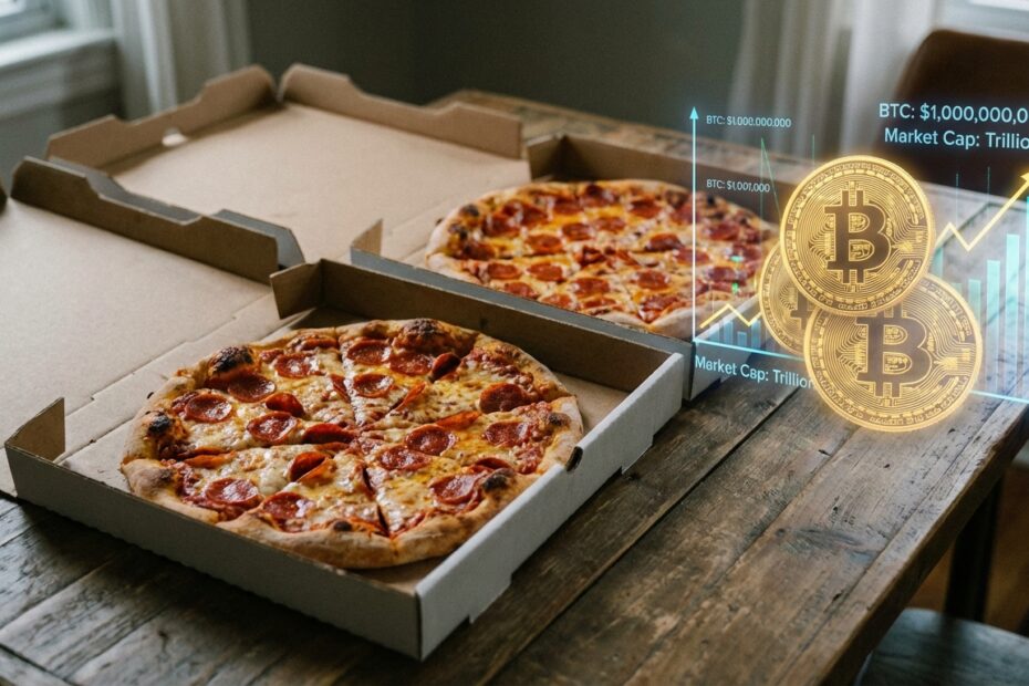 Duas pizzas de pepperoni em caixas de papelão simbolizando a primeira compra com Bitcoin ao lado de moedas digitais douradas.