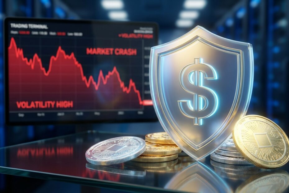 Escudo digital representando stablecoins protegendo capital durante queda do Bitcoin