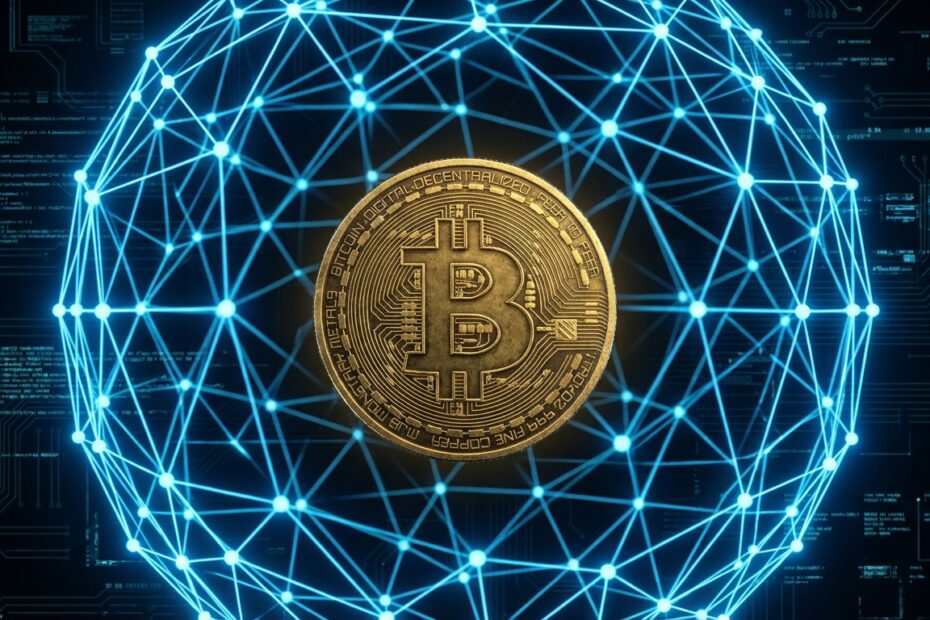 Ilustração 3D de uma moeda Bitcoin conectada a uma rede global descentralizada