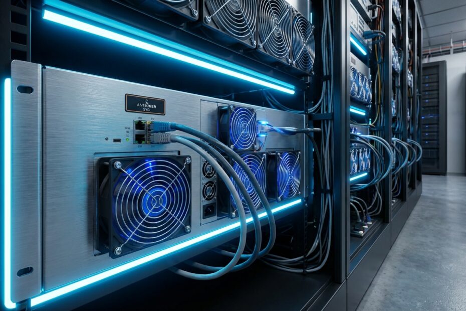 Mineradora de Bitcoin Antminer S19i em operação