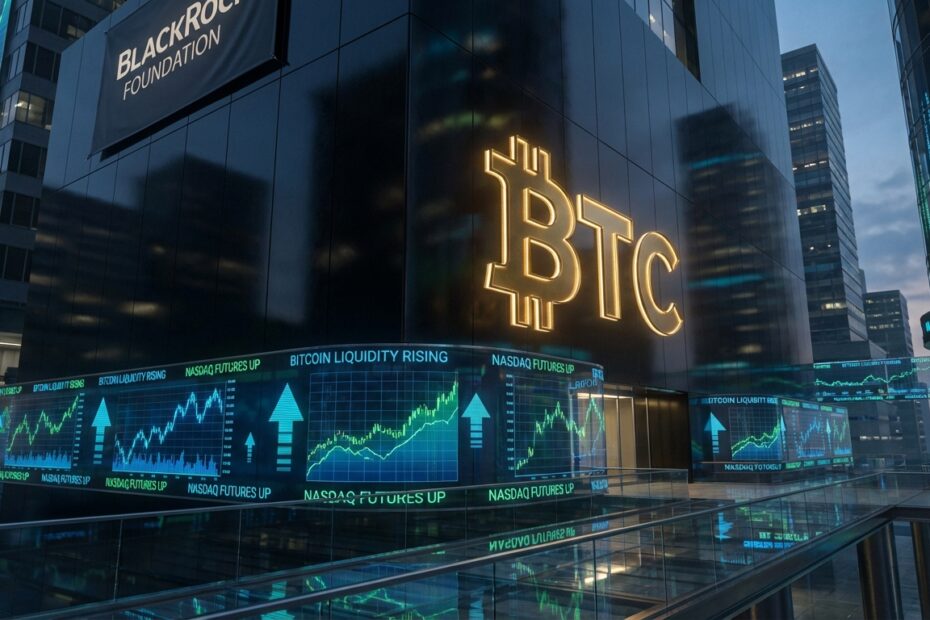 Ilustração do ETF IBIT da BlackRock liderando o mercado com gráficos financeiros ao fundo