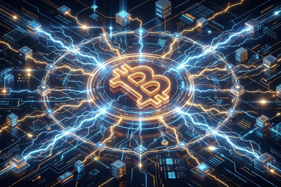 Ilustração futurista da rede Lightning Network conectando nós de Bitcoin com velocidade