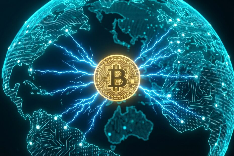 Ilustração 3D da rede Lightning emitindo raios de velocidade a partir de um Bitcoin dourado
