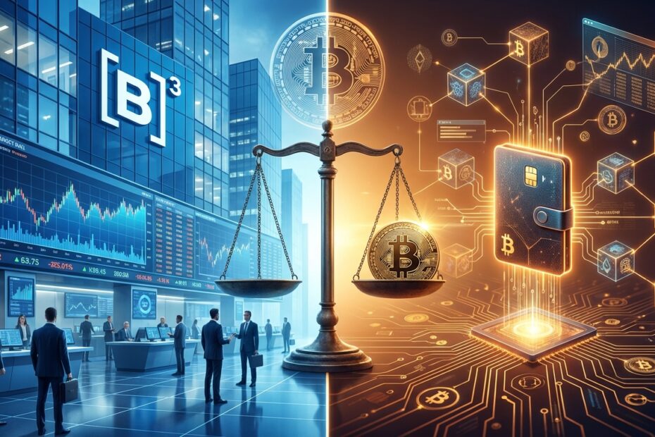 Comparativo visual entre investimento institucional na B3 e compra direta de criptomoedas