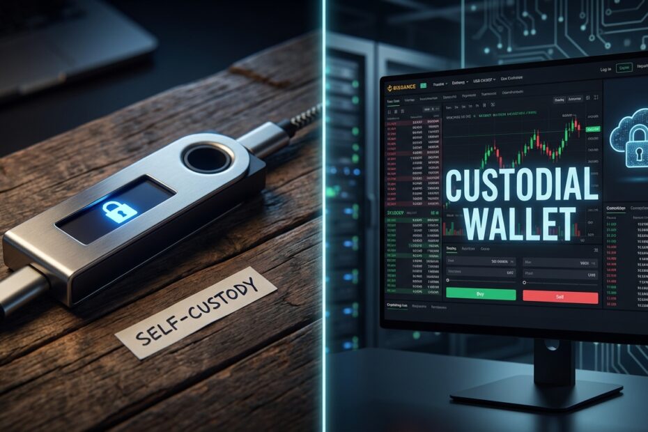 Comparativo visual entre segurança de autocustódia com hardware wallet e custódia em corretora centralizada