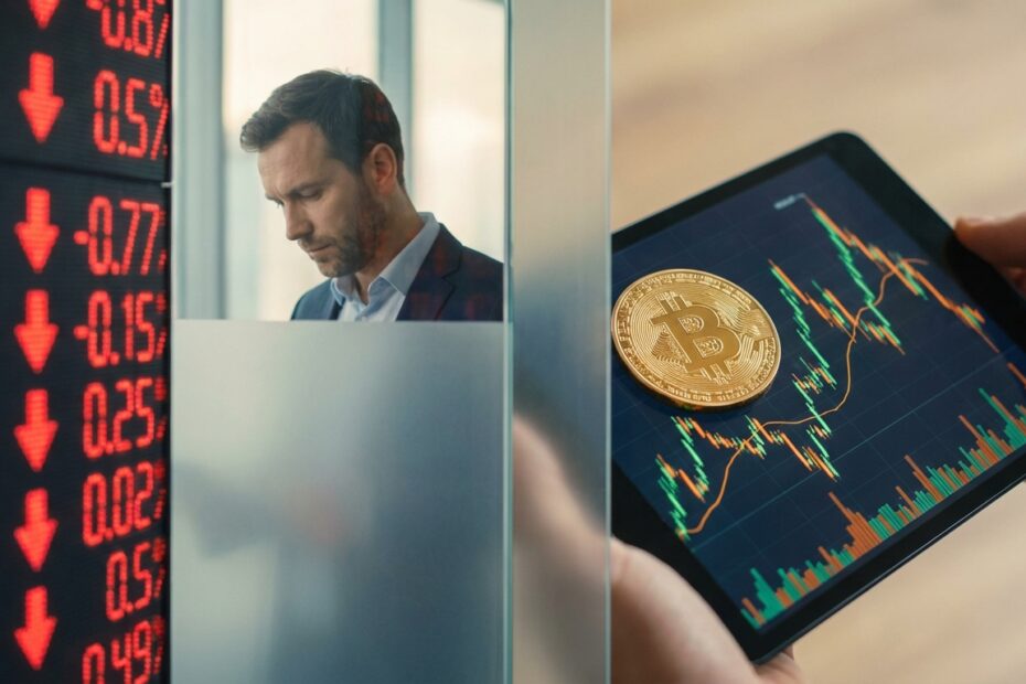 Conceito de investimento comparando queda de ações tradicionais com oportunidade em Bitcoin
