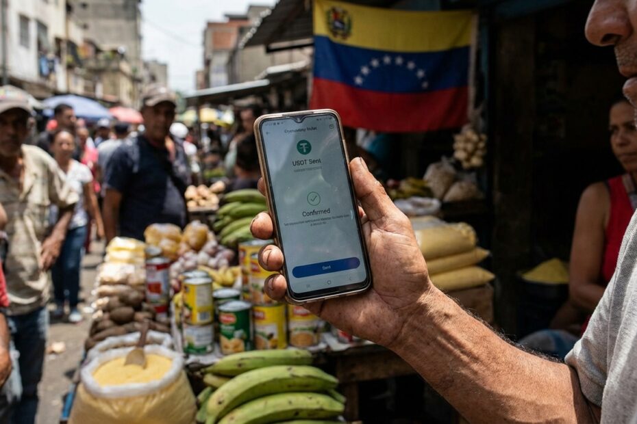 Smartphone exibindo transação de criptomoeda USDT em mercado popular de Caracas