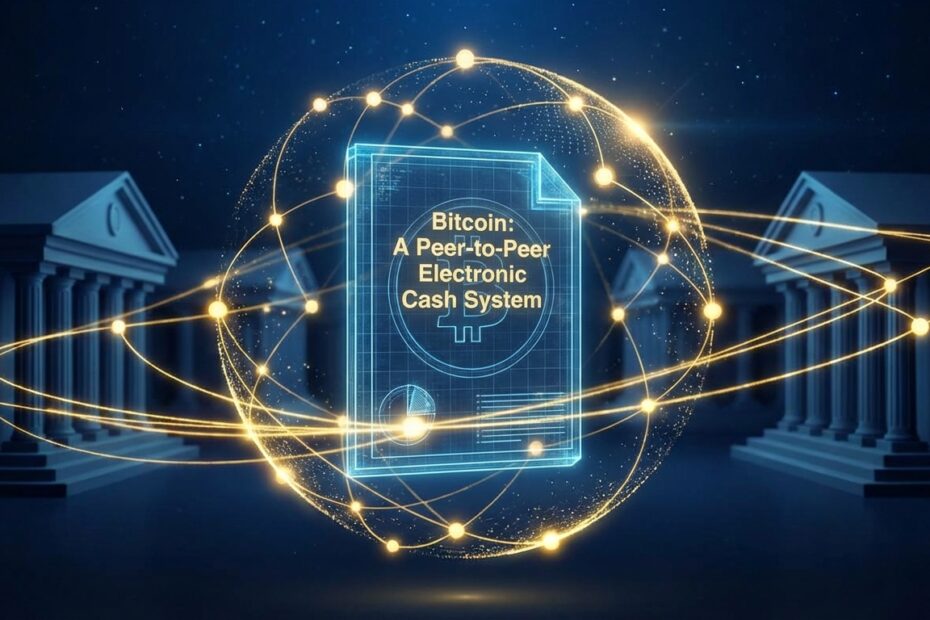 Ilustração do whitepaper do Bitcoin formando uma rede financeira descentralizada e global