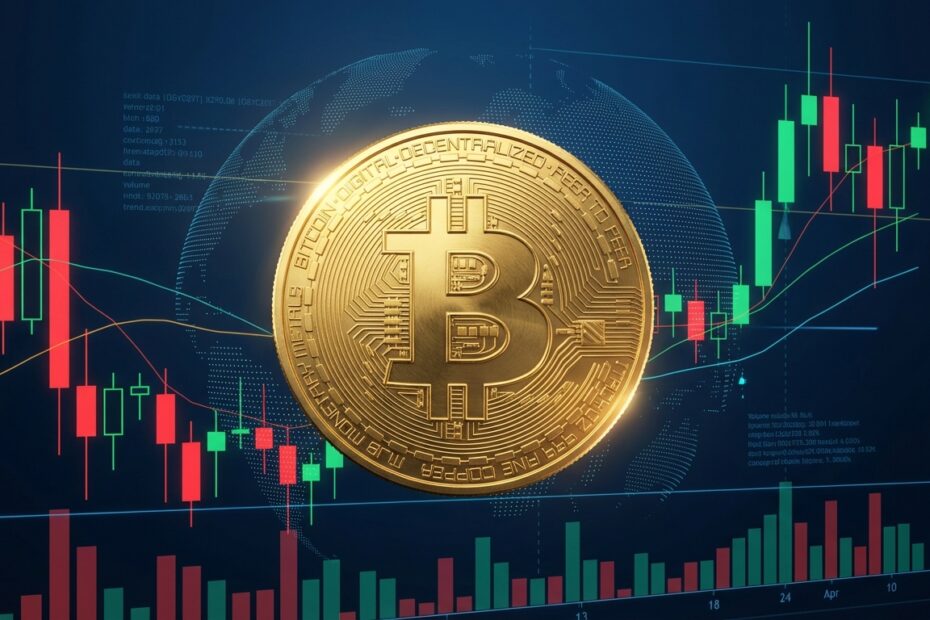 Gráfico financeiro digital ilustrando a alta volatilidade do preço do Bitcoin no mercado.