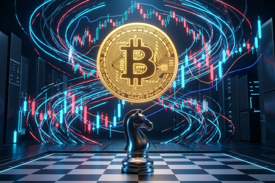 Gráfico de velas mostrando a volatilidade do Bitcoin com símbolo da moeda